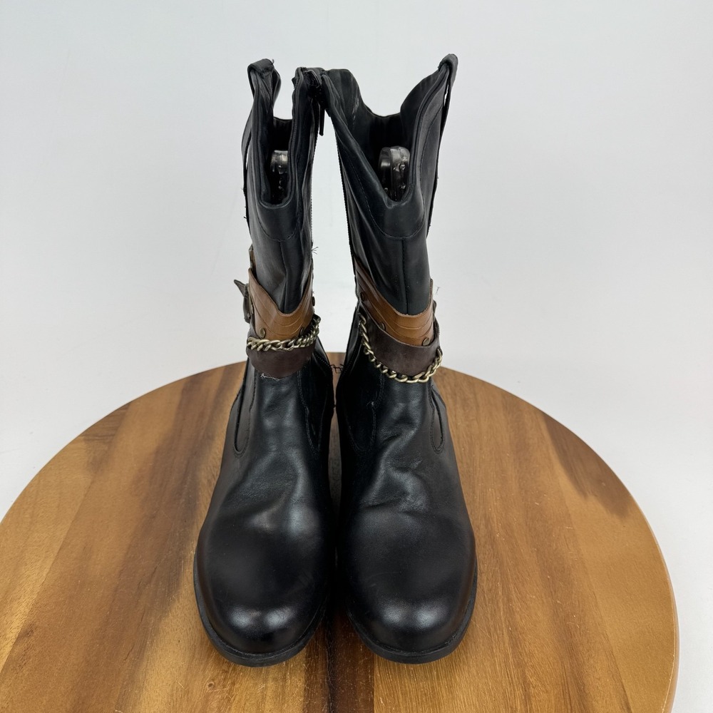 Womens Sandro Moscoloni Robin Belted Black Leather Cowboy Boots Size 7 M GUC - Picture 5 of 9